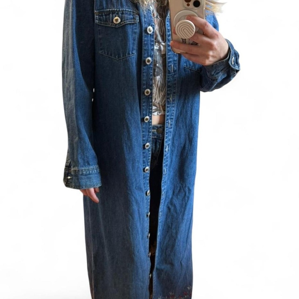 Vintage Chelsea Studio Blue Denim Long Floor Length Coat Floral Embroidery Sz PL